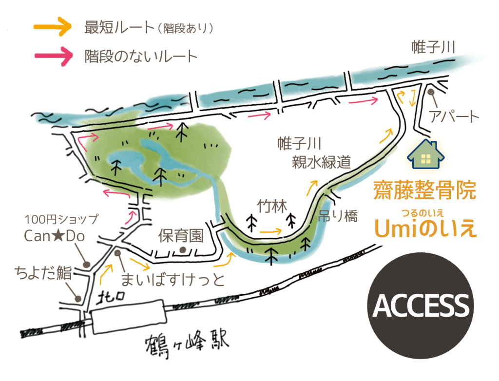 相鉄線鶴ヶ峰駅から「つるのいえ」までの徒歩ルートの地図です。